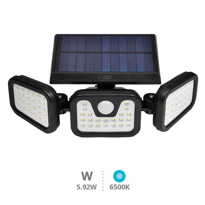 Aplique solar triple LED orientable con detector de movimiento 3 funciones 6500K Negro